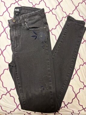 PAIGE Dark Gray Cropped Embroidered Skinny Jeans